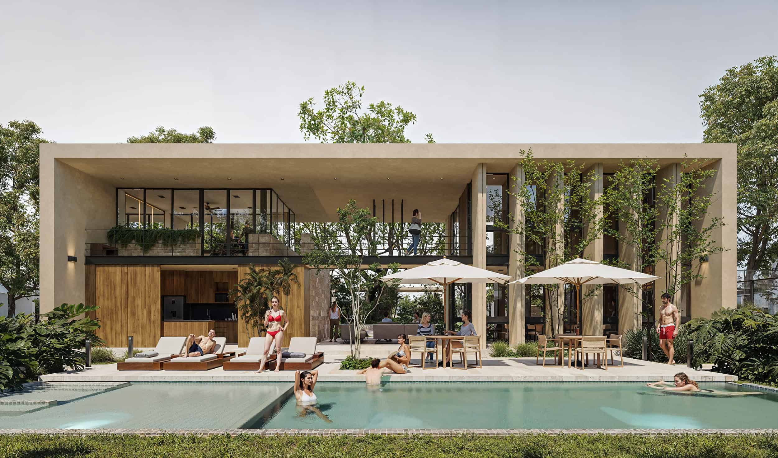 Personas disfrutando de la piscina en un día soleado