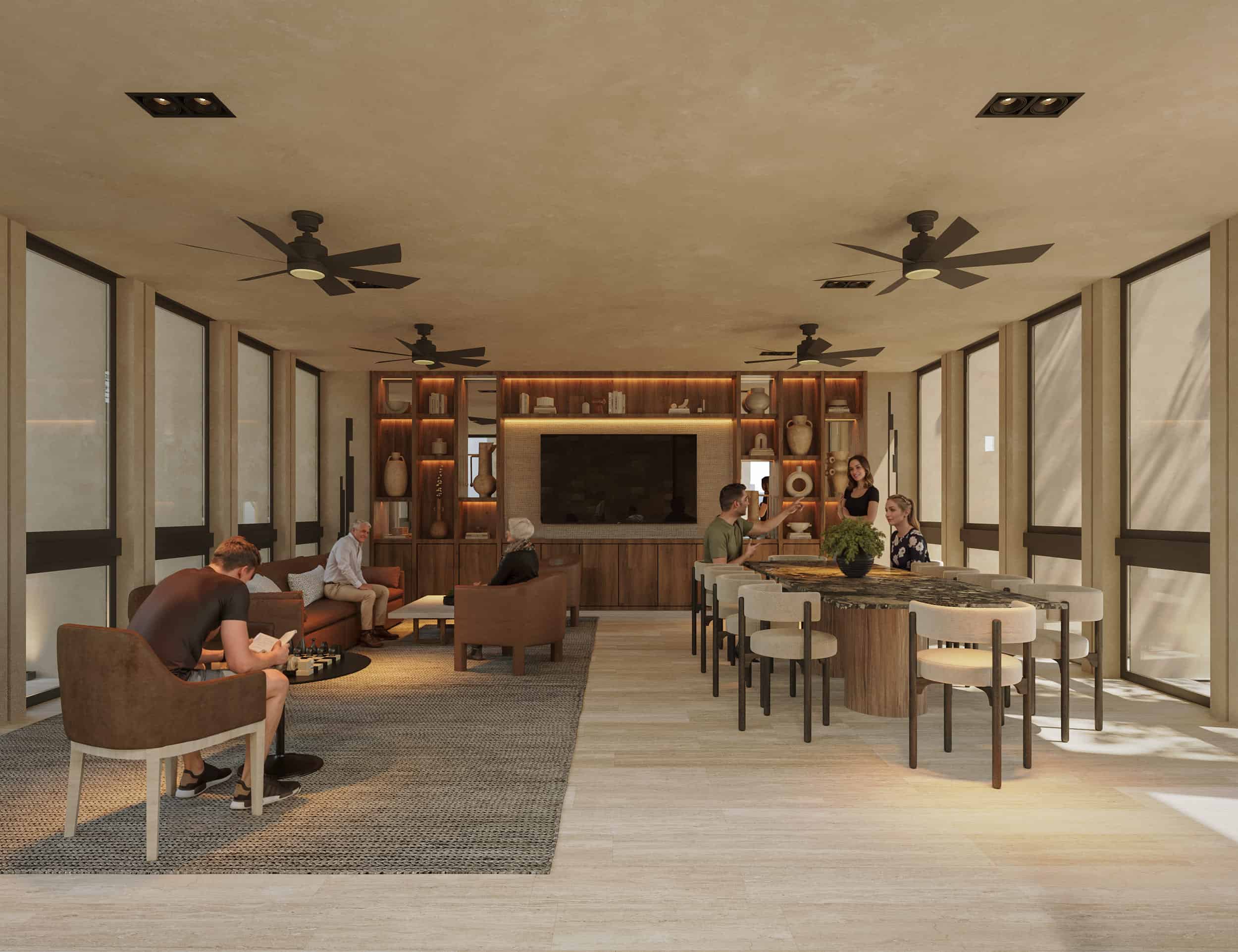 Personas haciendo yoga en un salón con luz natural