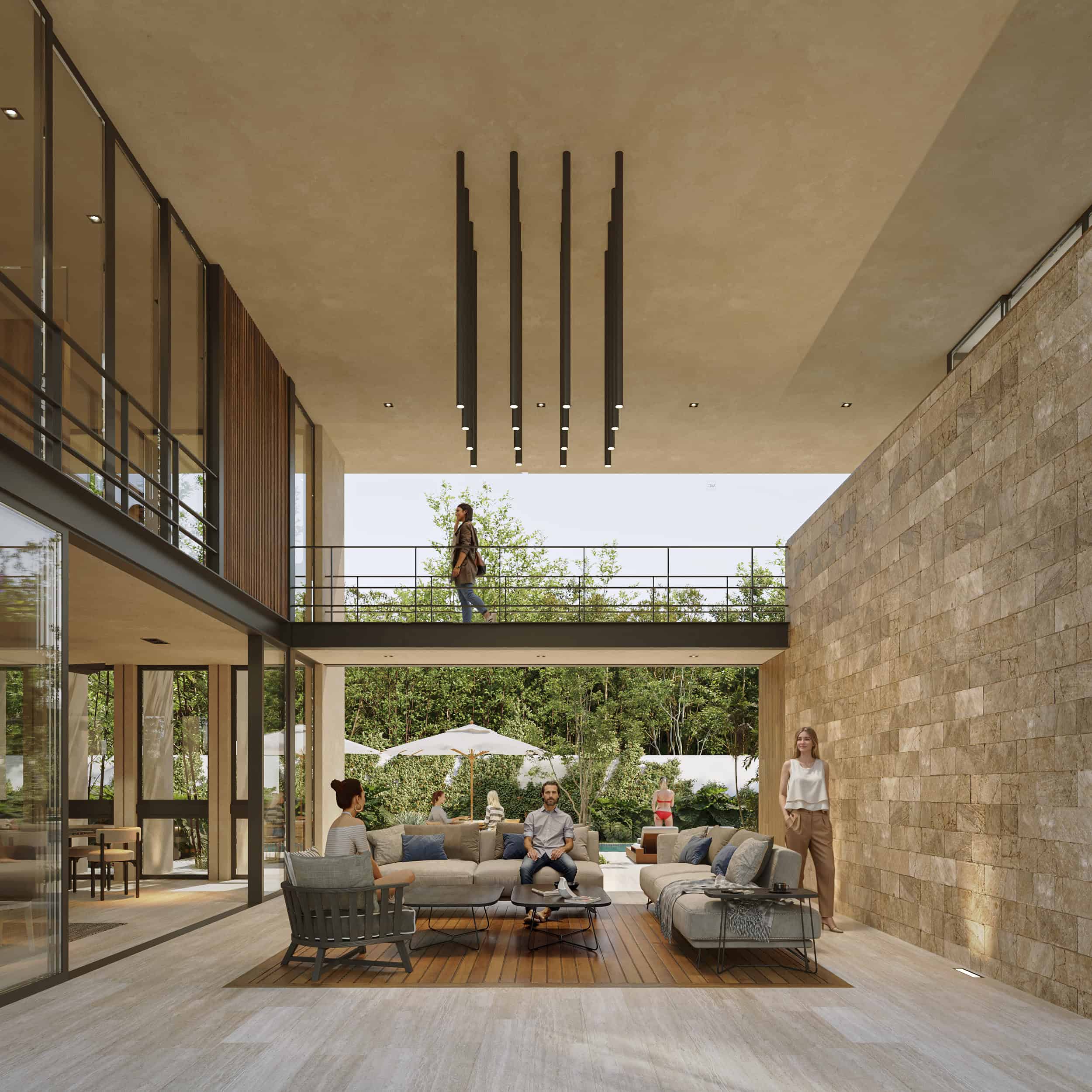 Personas disfrutando de la piscina en un día soleado